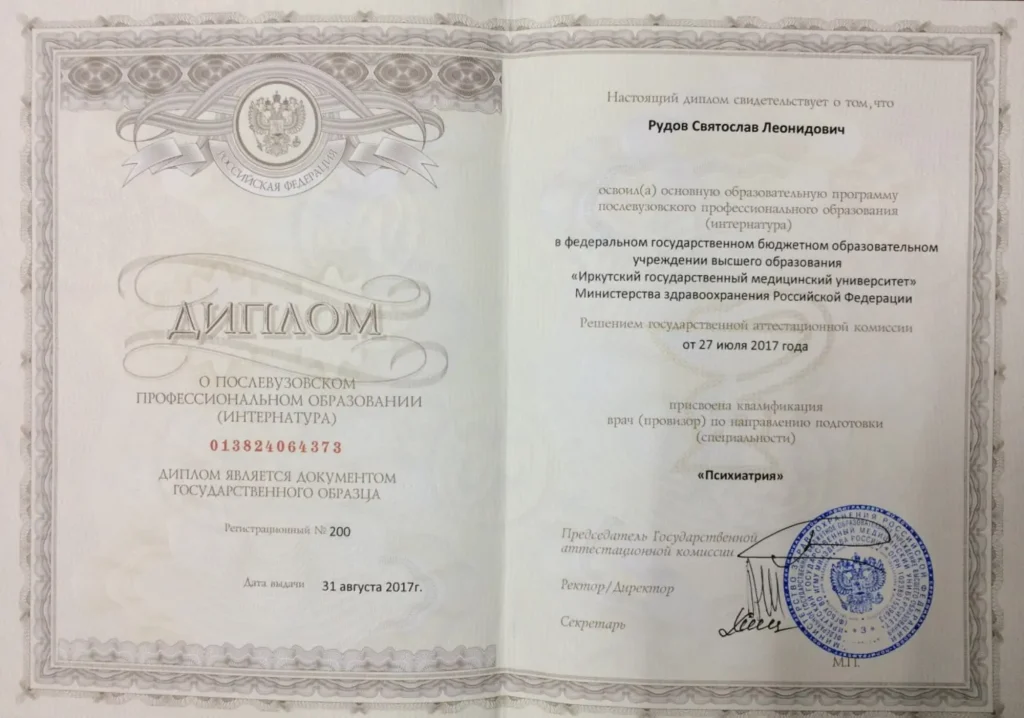 Диплом о послевузовском профессиональном образовании — интернатура по психиатрии, Рудов Святослав Леонидович