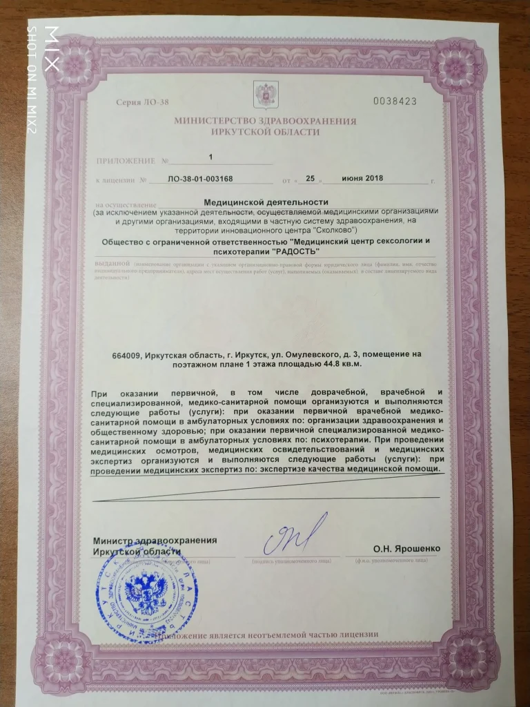 Приложение №1 к лицензии на медицинскую деятельность, кабинет психотерапии